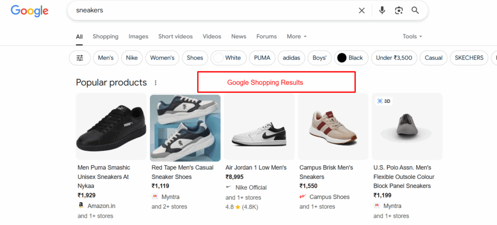 Screenshot of a Google Shopping results page showing 