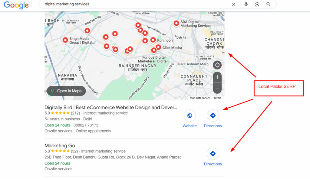 Screenshot of a Google search results page showing a Local Pack SERP