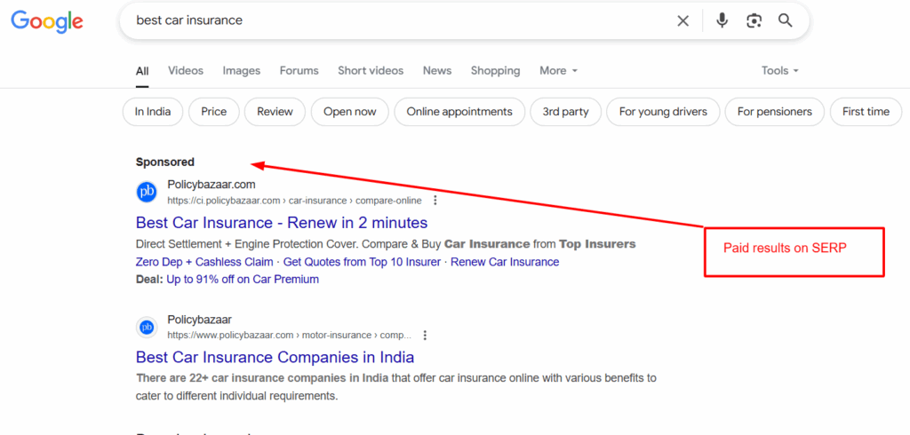 Google SERP showing sponsored or paid search results