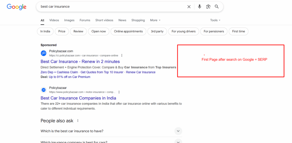 Screenshot of a website ranking on the first page of Google search results