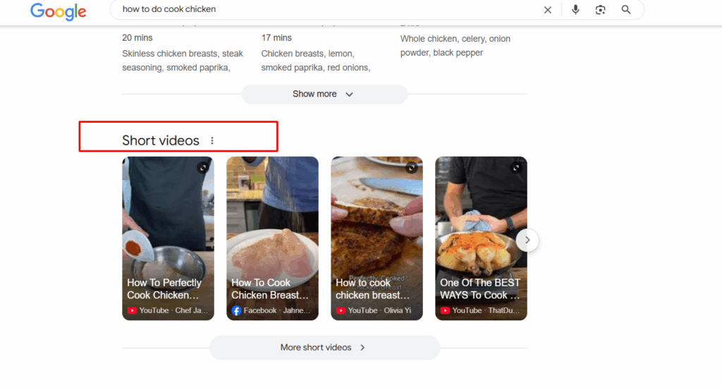 Screenshot of Google search results showing the Short videos section.